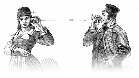 Engraving of man and woman using a tin can phone